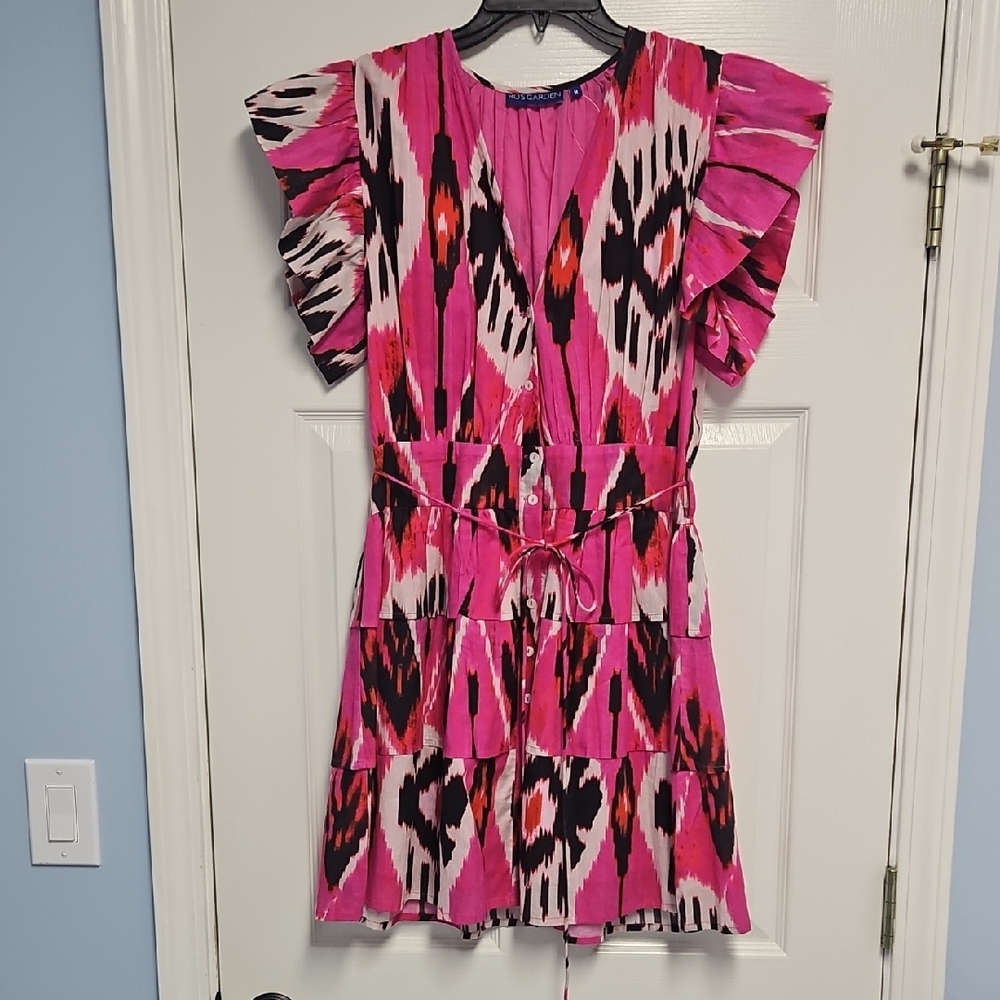 Ro's Garden Hunan Button Front Ruffle Short Sleeve Mini Dress:Pink Print:Size- M